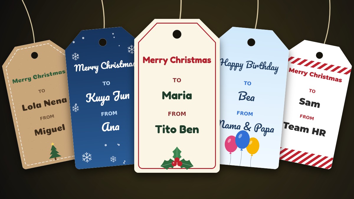 Printed Christmas and birthday gift tags with names on them