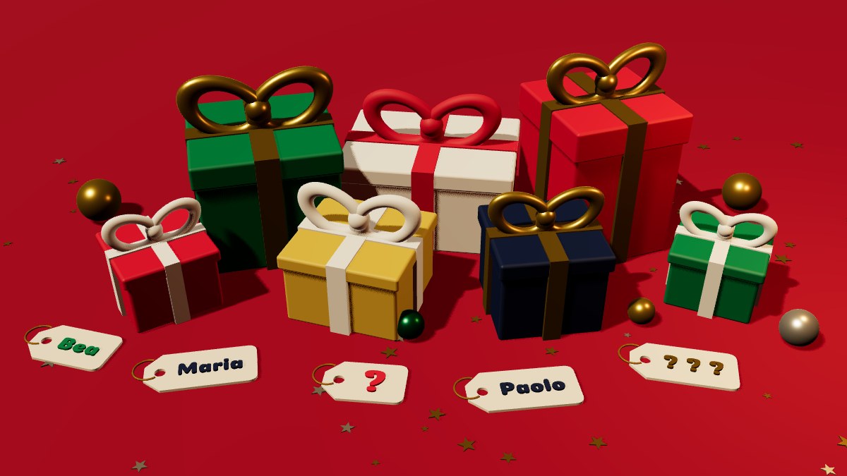 Wrapped Christmas gifts with name tags