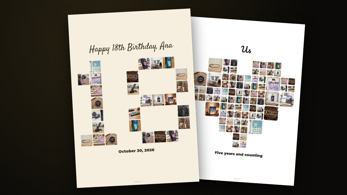 The number 18 made of square photos, with a birthday title