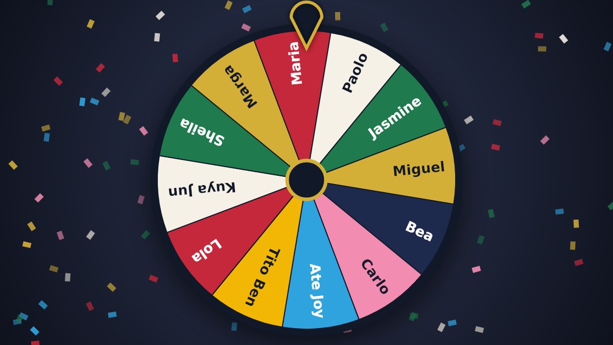 A colourful raffle wheel with names on it